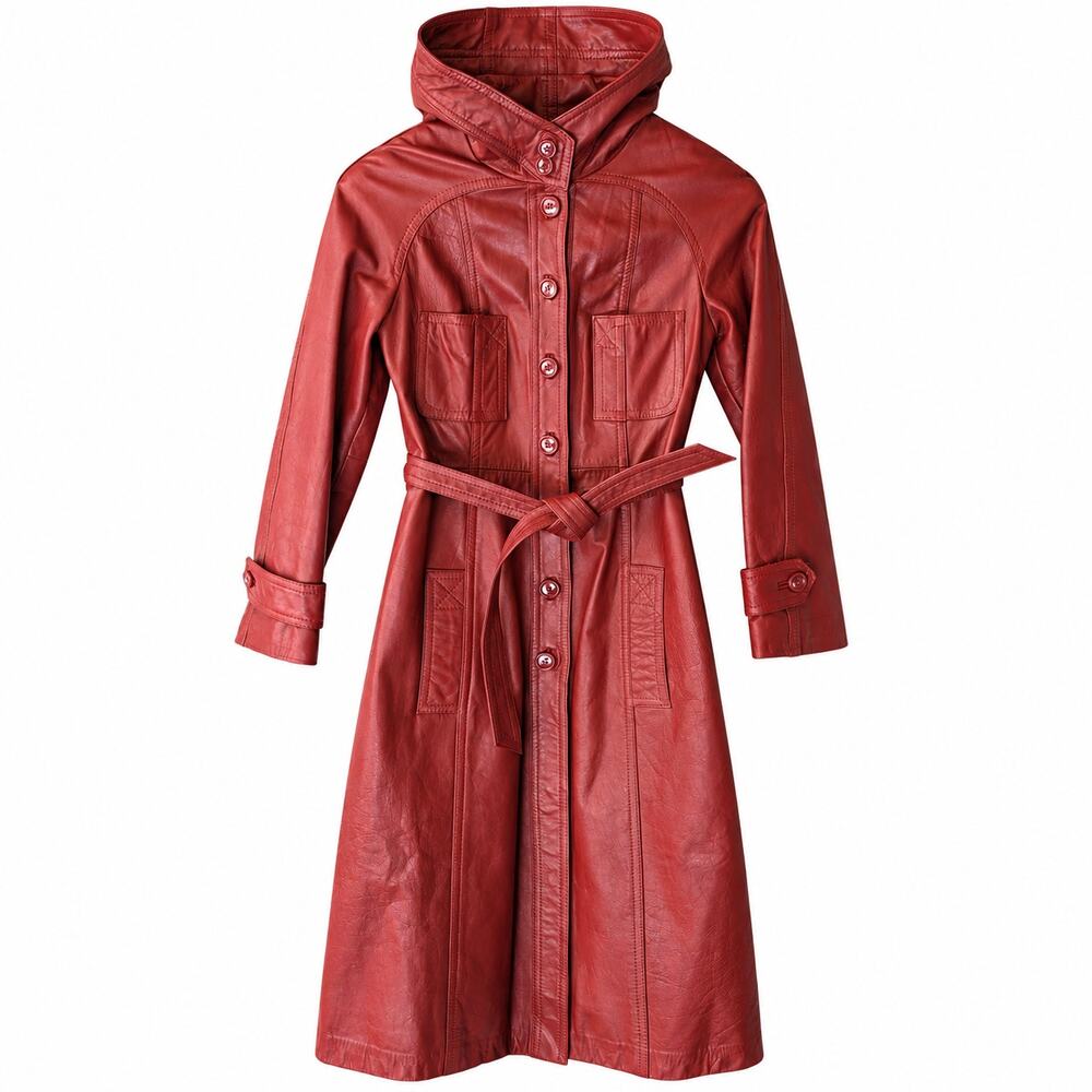 Vintage Red Genuine Leather Hooded Belted Trench Coat Button Front Midi 70s